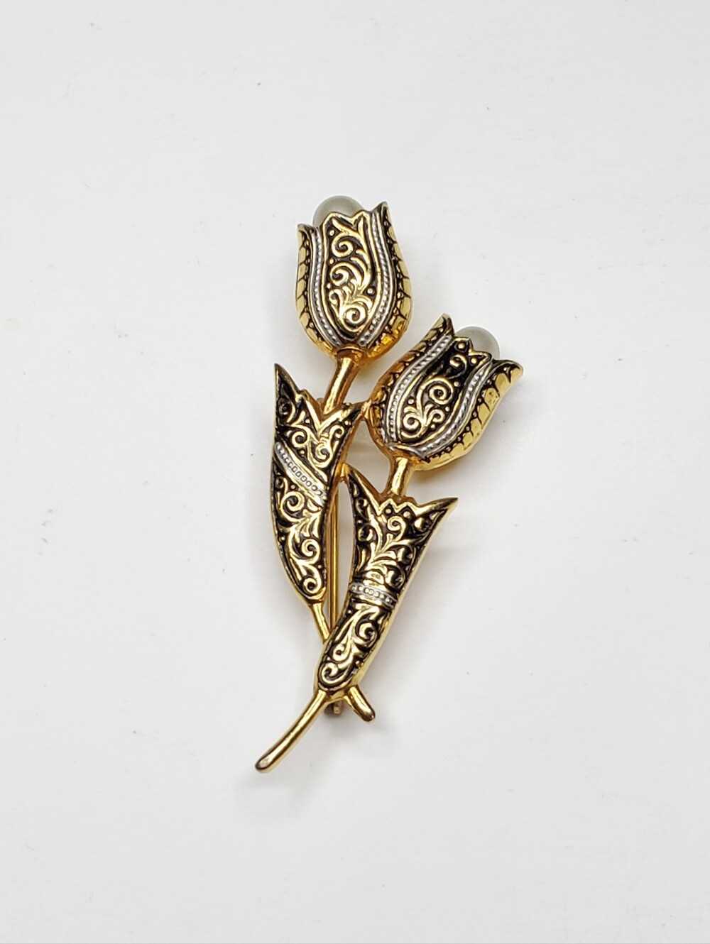 Vtg. Spanish Damascene Tulip Xaux Pearls Brooch